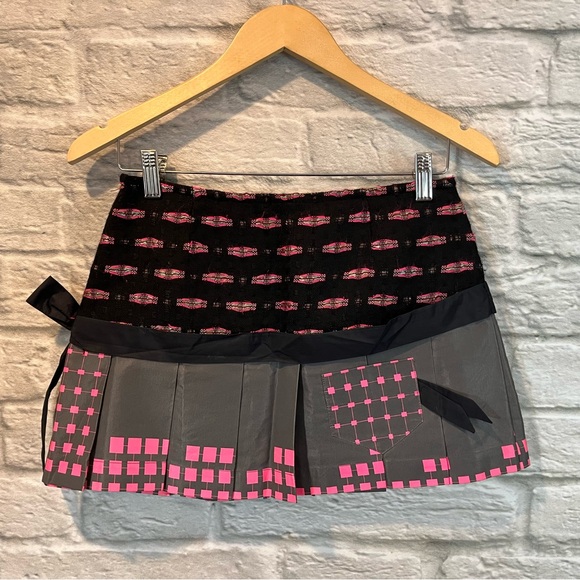 Custo Barcelona US2 EU 36 Pink/ Grey  & Black Abstract Pleated Mini Skirt W Bow - Picture 6 of 11